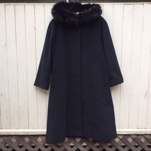 Black fox fur trim hooded long wool coat, size 2P